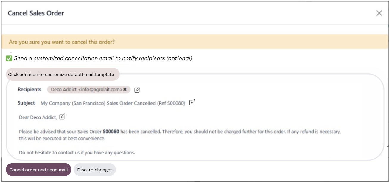 Odoo sales order cancellation modal with mail send option.