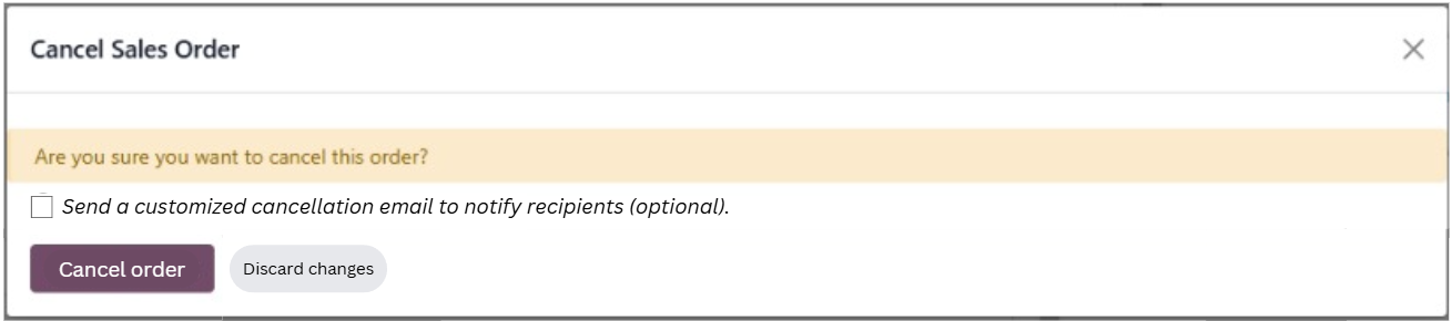 Odoo sales order cancellation modal with improved copy and new UI elements.